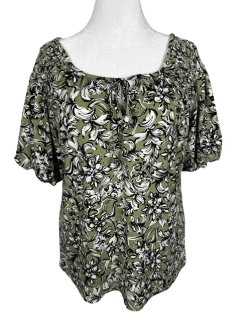 Adrienne Vittadini Olive Floral Peasant Blouse with White & Black Print Size XL